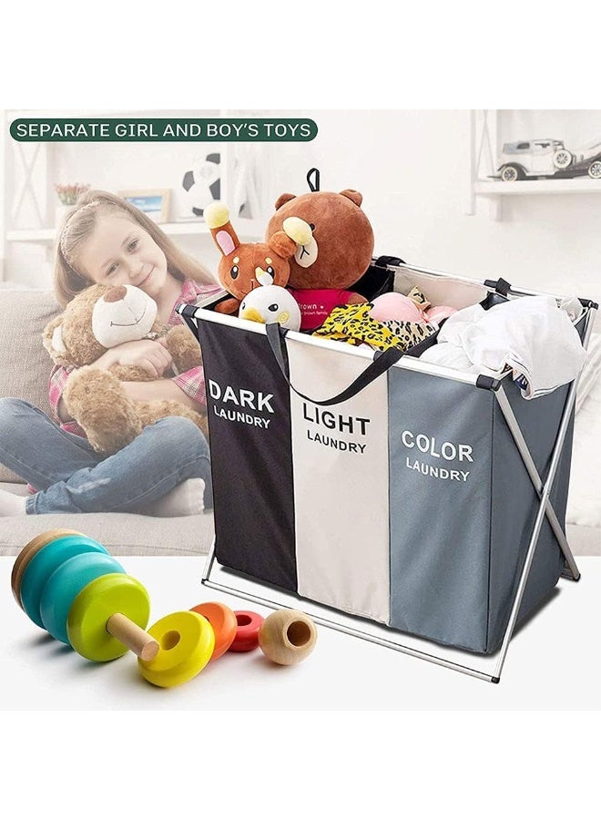 سلة غسيل من 3 اقسام للغامق والفاتح والالوان، سبت غسيل قابل للطي مع شنطة قماش اكسفورد مضادة للماء واطار من الالومنيوم، لتخزين ملابس الغسيل للبيت - Image 4